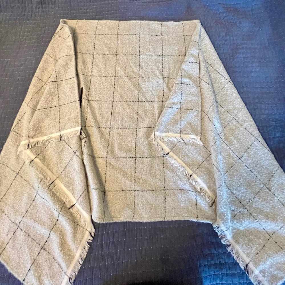 Beige Fringed Shawl with Grid Pattern